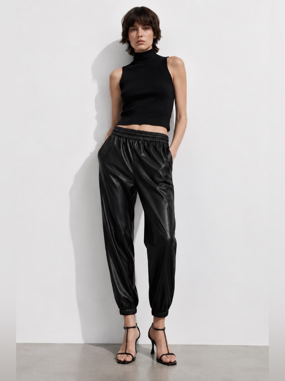 Zara EUC Faux Leather Black Perforated Jogger Pants Joggers Size L